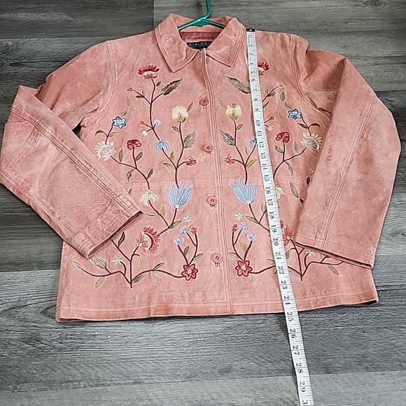 DIALOGUE RARE PINK 100% GENUINE LEATHER / SUEDE BLAZER FLOWERED JACKET SIZE S - Picture 5 of 8
